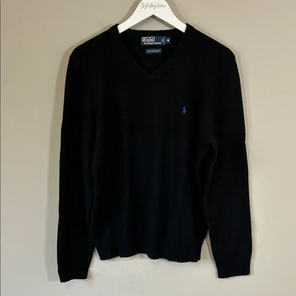 Polo Ralph Lauren Lambs Wool V Neck Sweater Mens Black Purple Pony Sz M